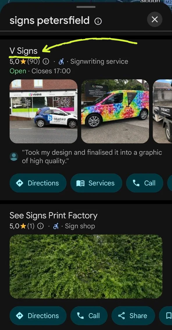 Google Maps on a phone, searching "signs petersfield": V Signs is the first listing, with photos, 90 reviews, a review quote and Directions, Services and Call buttons