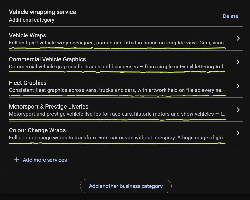 V Signs' profile editor: under the Vehicle wrapping service category, five services each with its own description