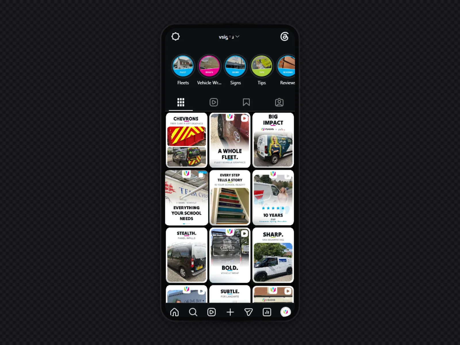 The V Signs Instagram grid on a phone, with branded covers for each job and highlight circles for fleets, wraps, signs, tips and reviews