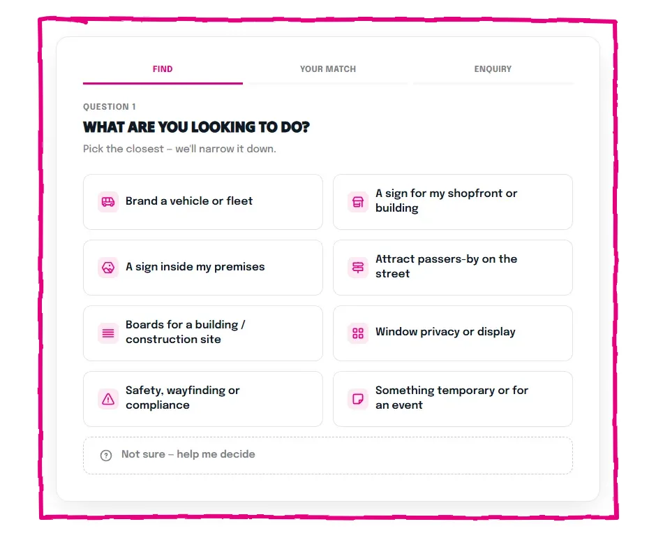 The V Signs Sign Finder asking what the customer is looking to do, with eight plain-English options