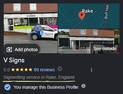 V Signs' Google Business Profile after the changes: their workshop photo, a map pin in Rake and the category Signwriting service