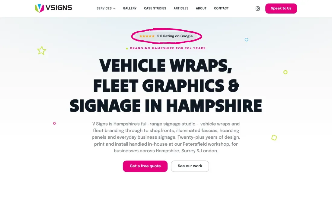 The new V Signs website homepage