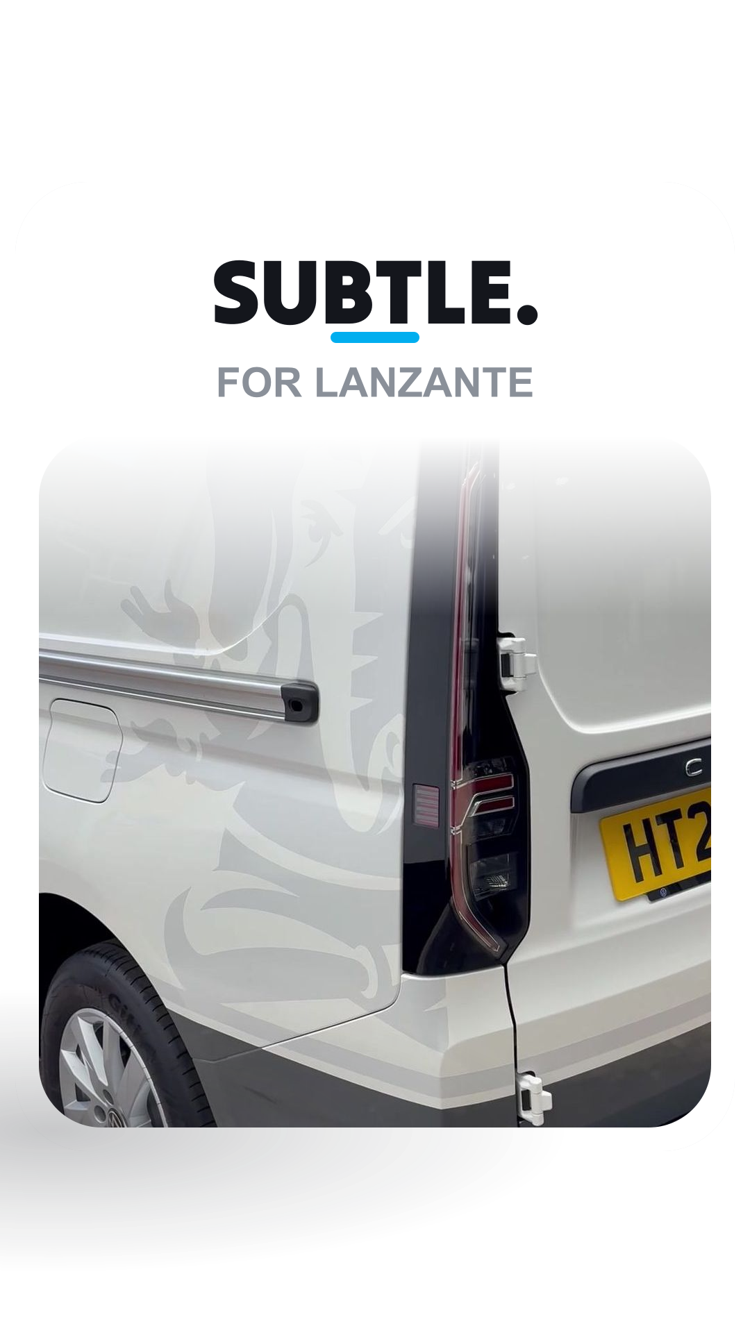 The V Signs reel cover for Lanzante's VW Caddy: the word "Subtle", "for Lanzante", and the white van's rear panel with a ghosted elephant crest