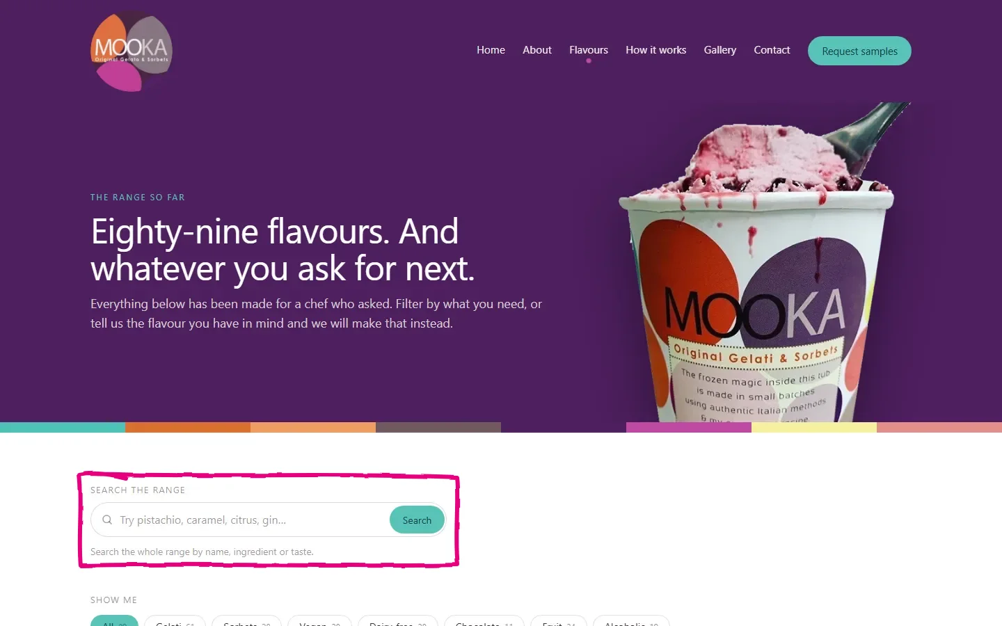 The Mooka flavour library, with a search box and filter buttons across 89 gelato and sorbet flavours
