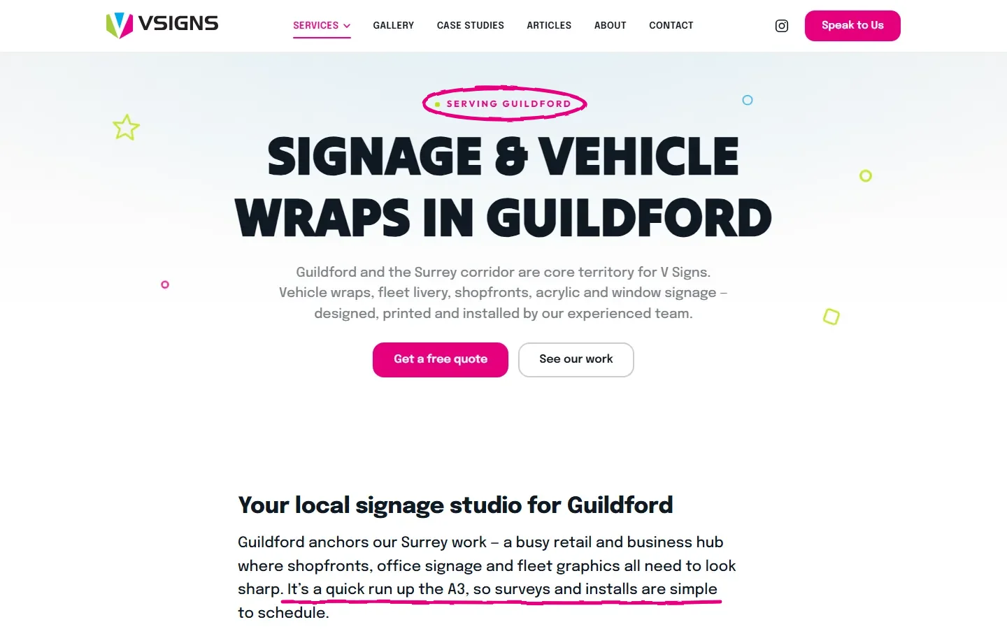 The Guildford area page on the V Signs website