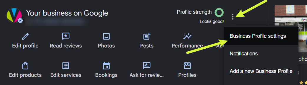 Step 1: in your Business Profile, open the three-dot menu and choose Business Profile settings